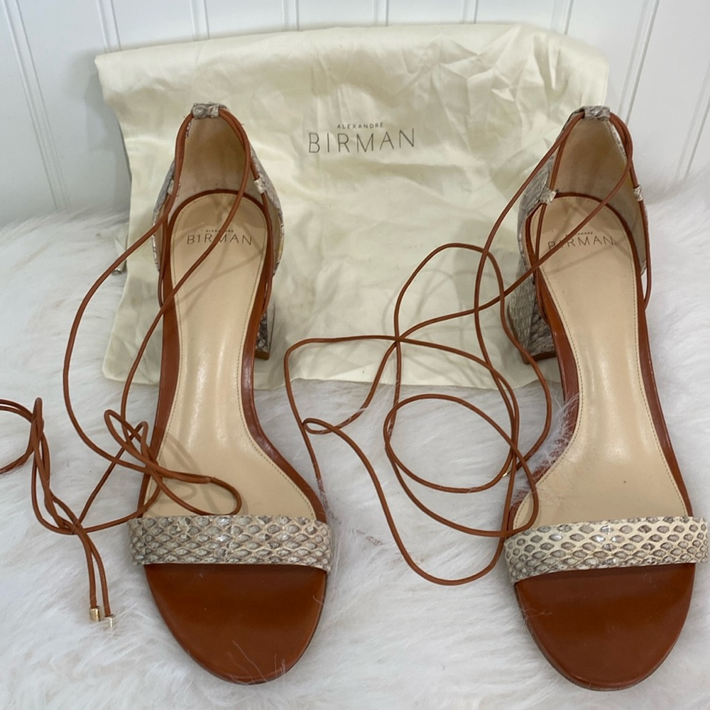 Authentic Alexandre Birman tan and snake skin ankle strap with dust bag